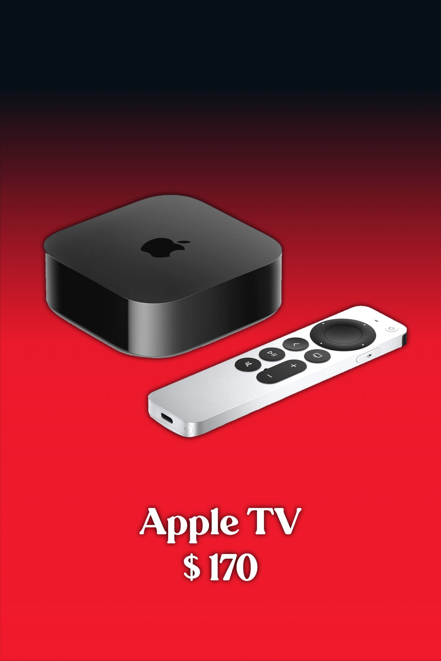 A black Apple TV device and silver remote are displayed on a red gradient background with the text Apple TV $170 below them in white font, perfect for streaming IPTV Mexico content.