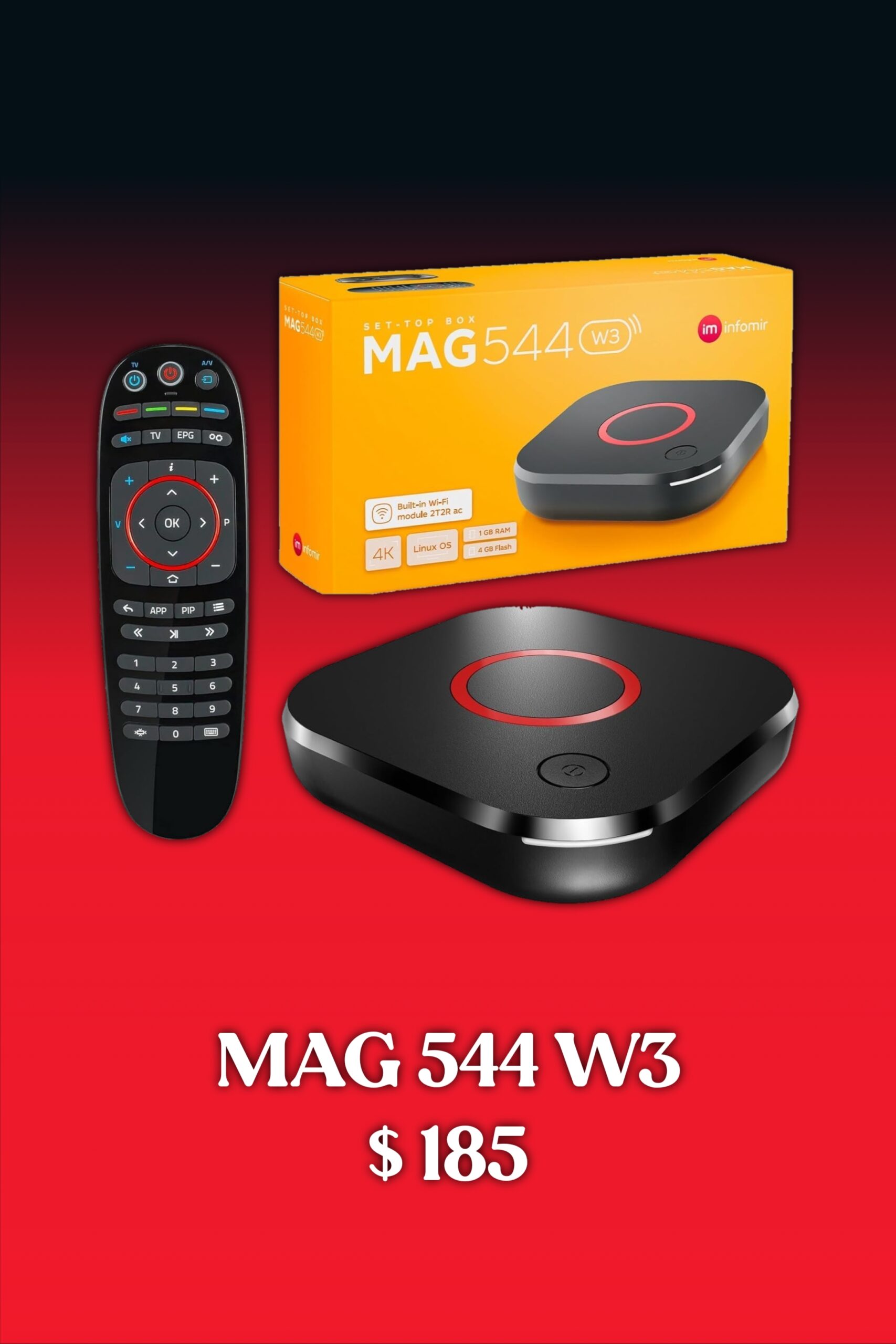 A MAG 544 W3 TV box, its remote control, and packaging are displayed on a red and black background. Text below reads MAG 544 W3 $185—perfect for streaming IPTV Mexico.
