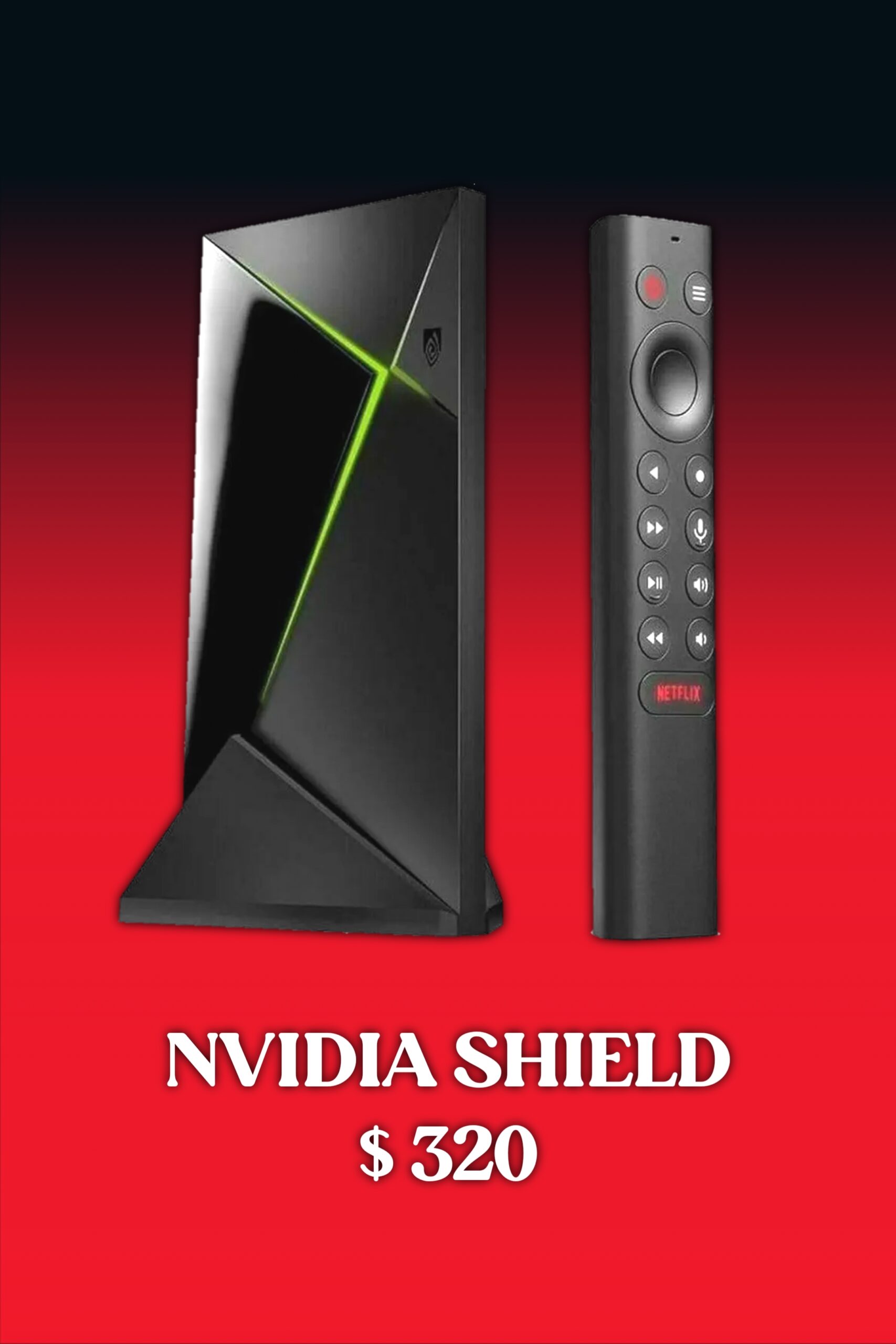 A black NVIDIA Shield streaming device stands next to its remote control on a red gradient background, highlighting its IPTV Mexico capabilities, with the text NVIDIA SHIELD $320 displayed below.