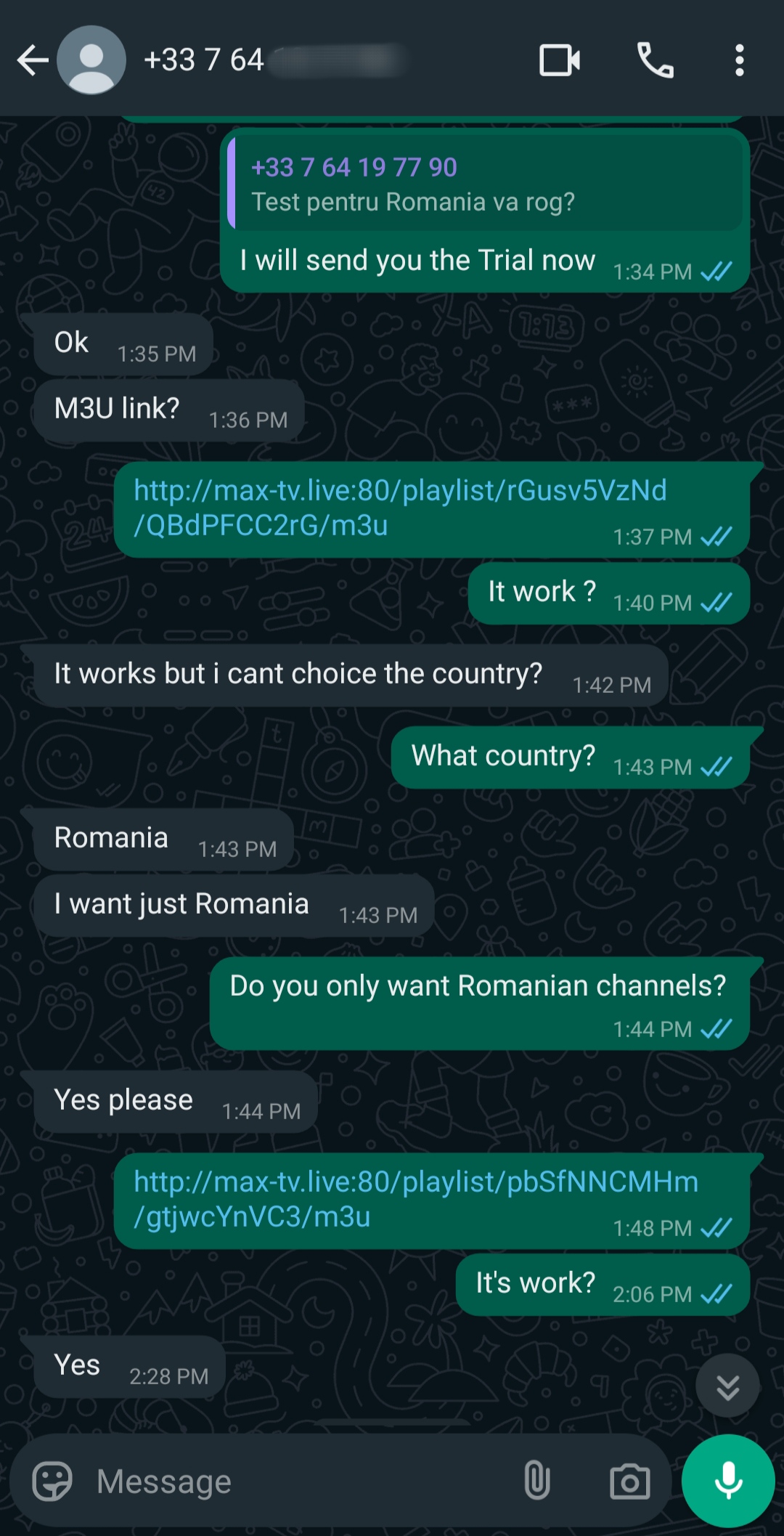 A WhatsApp chat showing a conversation about accessing Romanian TV channels via IPTV links, with messages in English discussing testing a playlist for IPTV Mexico and confirming if it works.