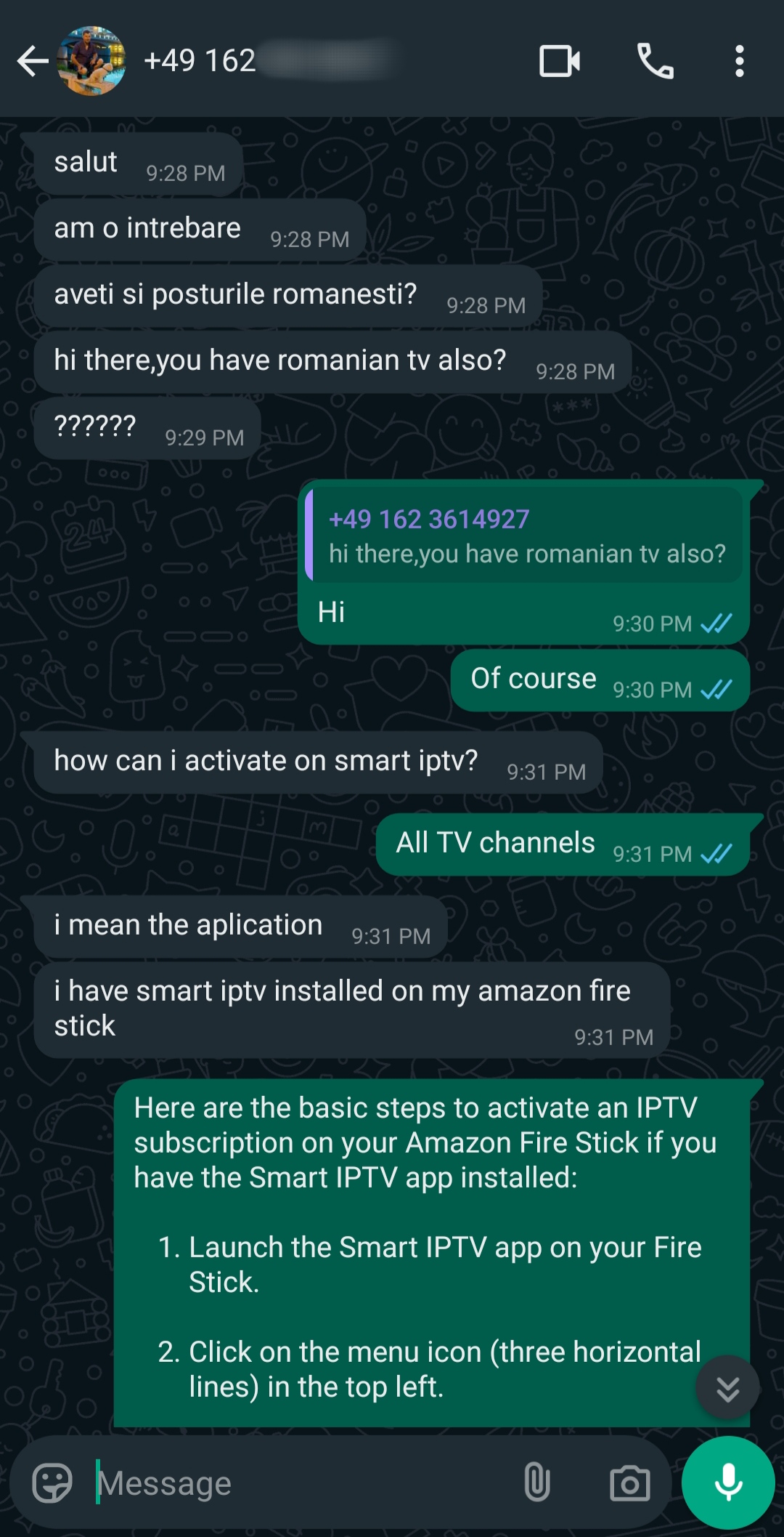 A WhatsApp chat shows a user asking if Romanian TV channels or IPTV Mexico are available and how to activate Smart IPTV on Amazon Fire Stick. The reply includes step-by-step instructions in a green message box.