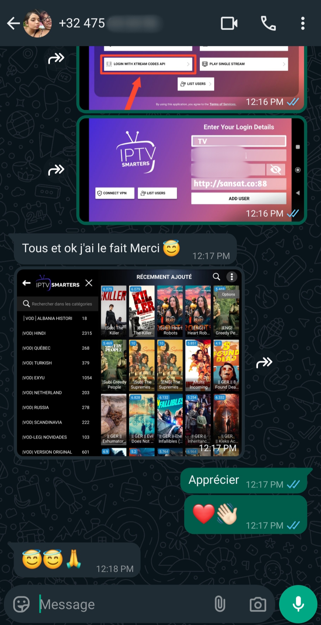 Screenshot of a WhatsApp chat showing IPTV Mexico login instructions for the IPTV Smarters app, confirmation of successful access to a TV show list, and messages with emojis expressing thanks and appreciation.
