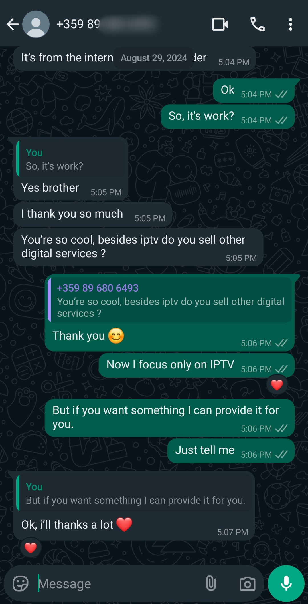 A WhatsApp chat where one person asks if they sell digital services besides IPTV Mexico. The other replies they focus only on IPTV but can provide more services if needed. The chat ends with a thank you and a heart emoji.