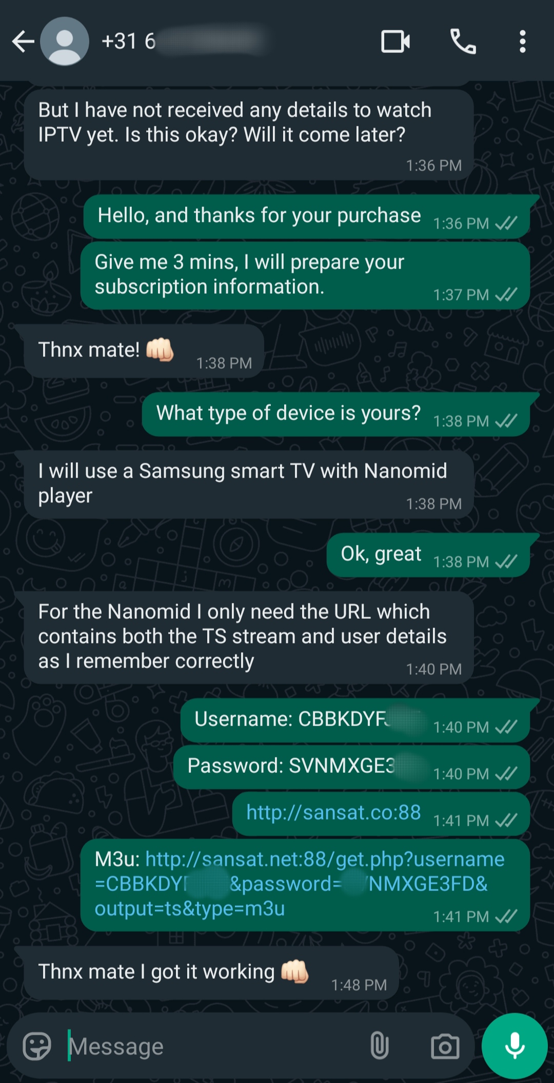 A WhatsApp chat shows a customer inquiring about IPTV Mexico details. The seller provides username, password, and a setup URL. The customer confirms successful activation with a thumbs-up emoji.