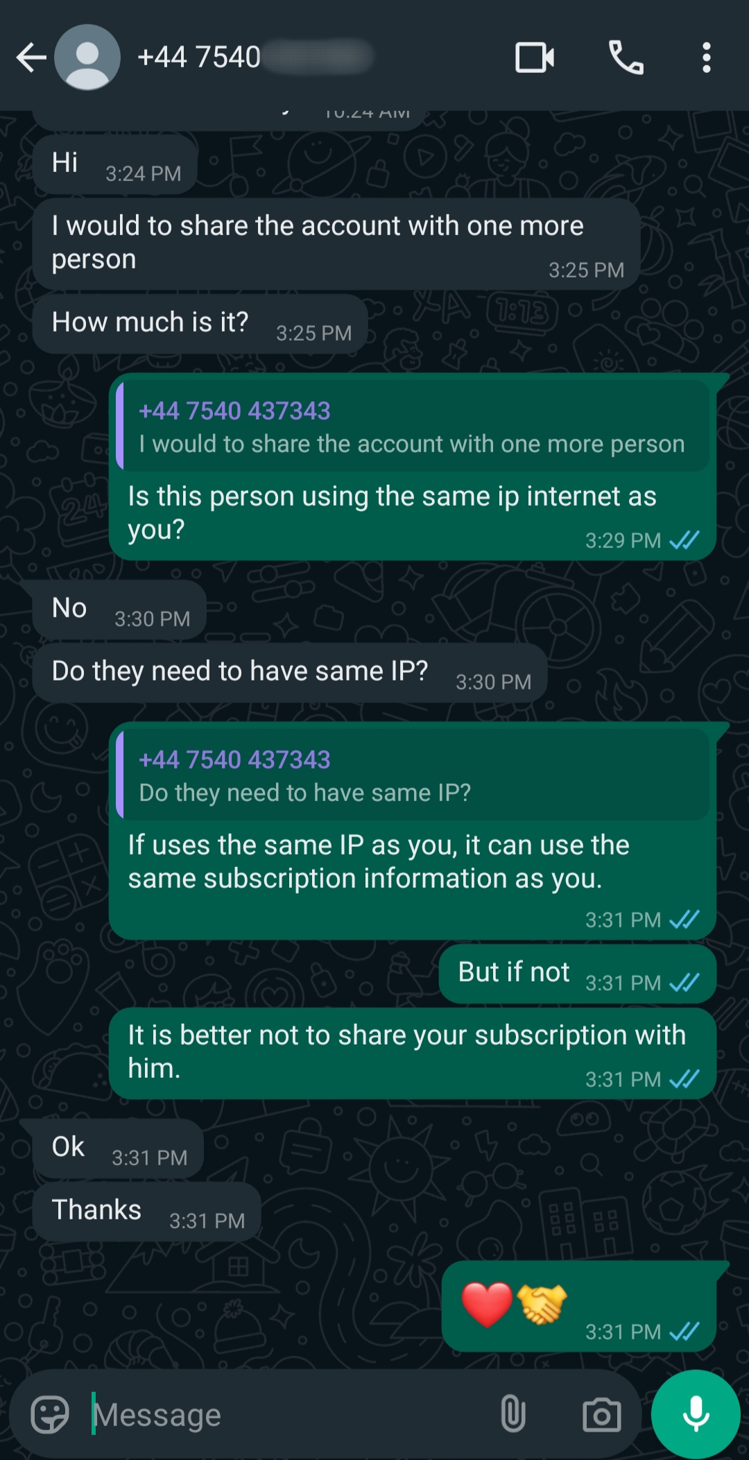 A WhatsApp chat about IPTV Mexico shows someone asking if they can share an account with one more person and if the same IP is required. The other replies that sharing works best with the same IP. The chat ends with heart and handshake emojis.