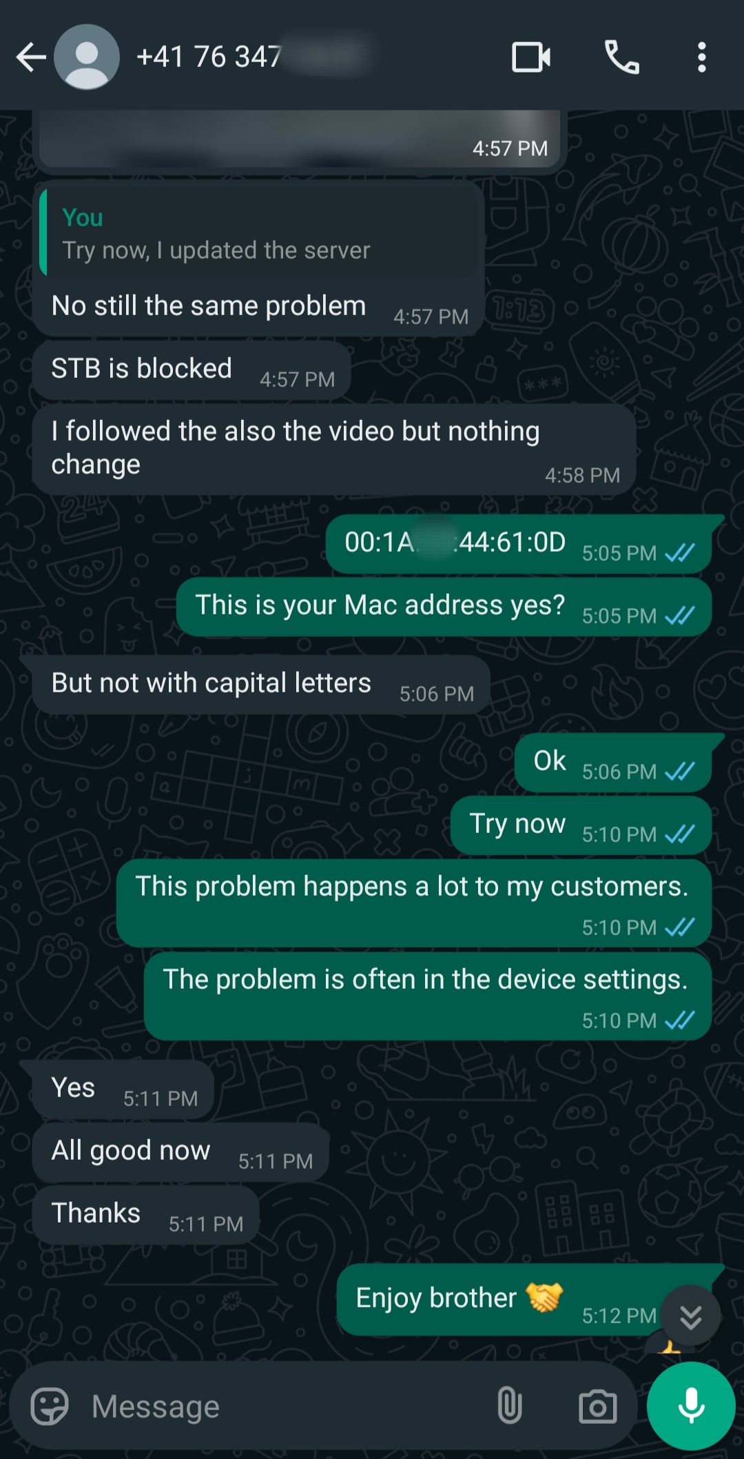 A WhatsApp chat shows a troubleshooting conversation about a blocked IPTV Mexico STB. The user shares their Mac address, and the support person suggests device setting changes. The issue is resolved and ends with gratitude and a handshake emoji.
