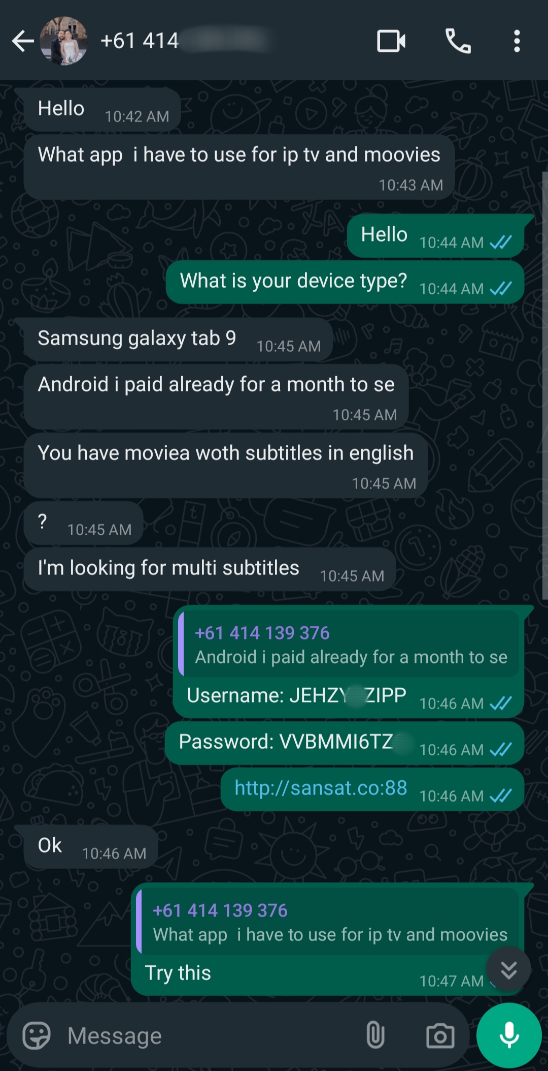 A WhatsApp chat shows a user asking for an app to watch IPTV Mexico and movies on a Samsung Galaxy Tab 9. Another person replies with login details, including a username, password, and link to the service, followed by confirmation.