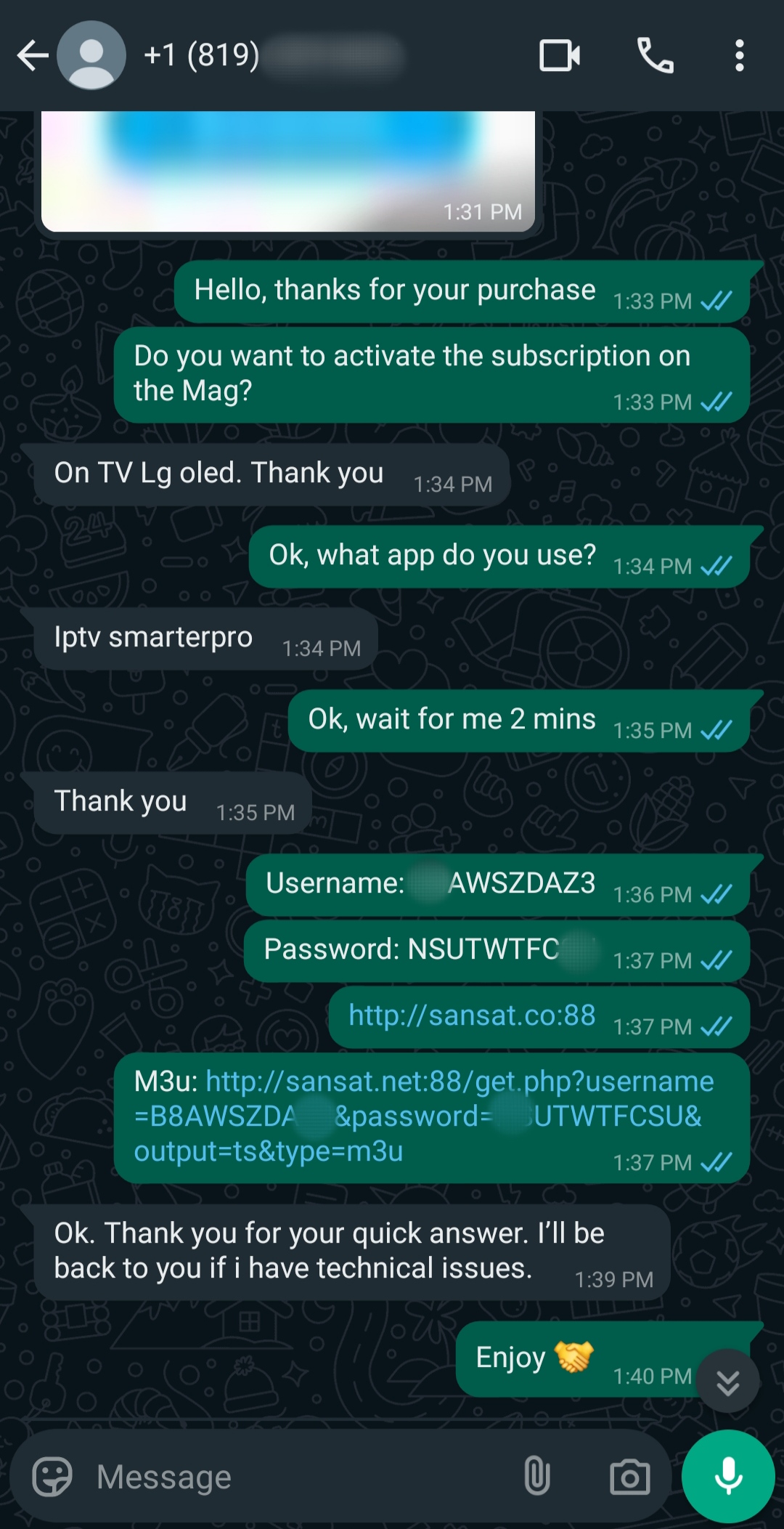 WhatsApp chat showing a customer inquiring about IPTV Mexico, then receiving subscription details, including username, password, M3U link, and instructions. The conversation ends with a thank you and an offer for further support.