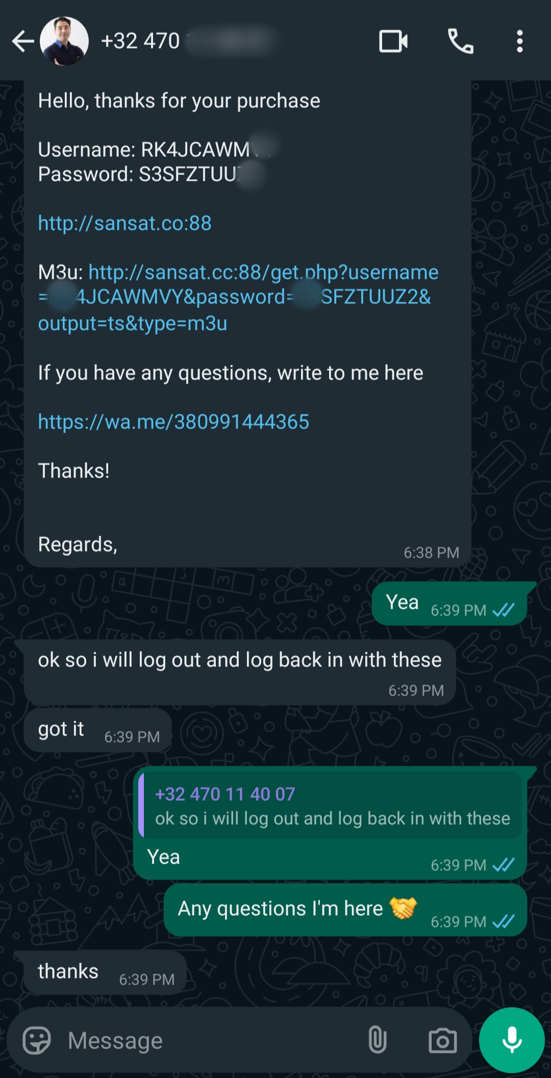 A WhatsApp chat screenshot shows IPTV Mexico login details (username and password), links, and a user confirming receipt and asking questions. The conversation is polite and supportive.