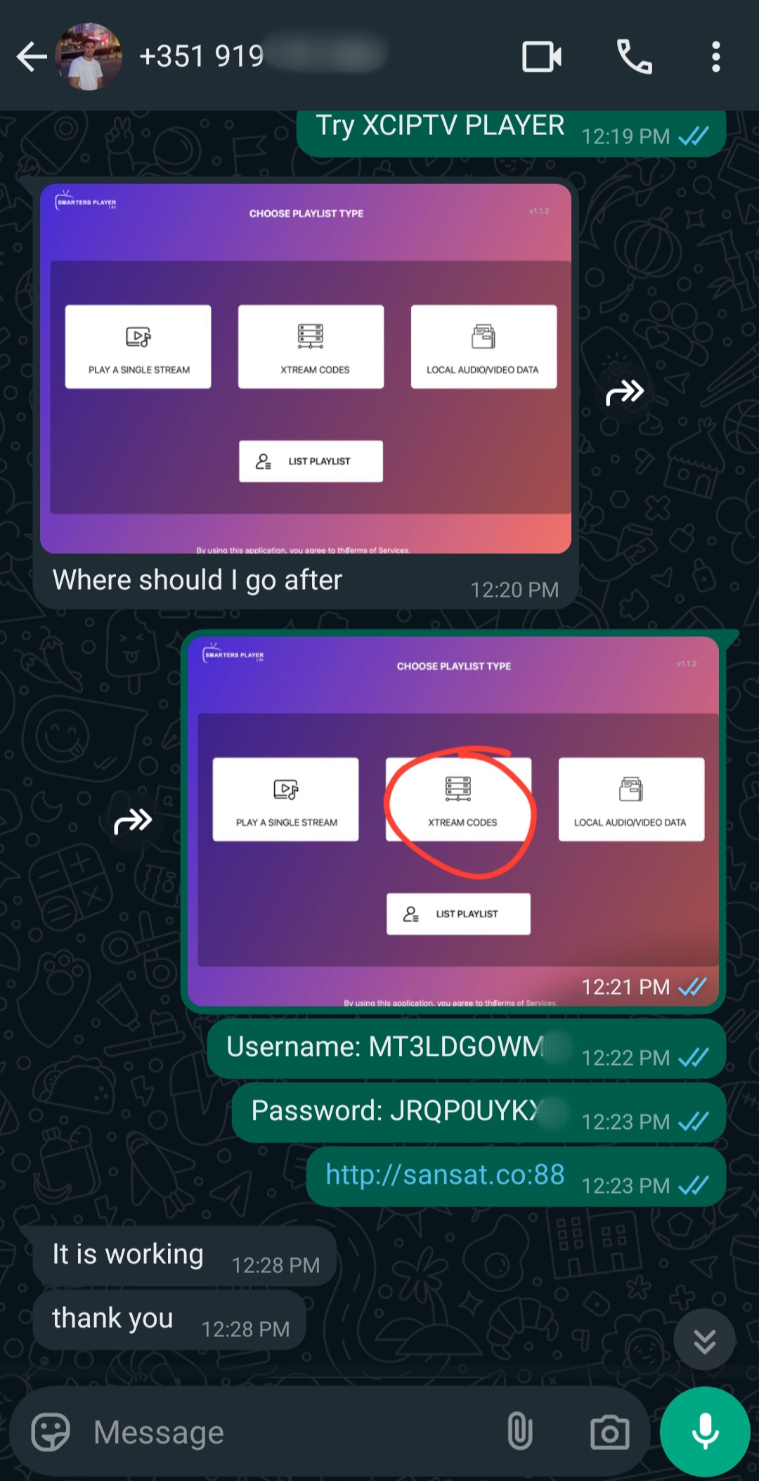 A WhatsApp chat showing instructions for setting up XCIPTV Player for IPTV Mexico. Screenshots highlight selecting XTREAM CODES on the app, and login details (username, password, server URL) are shared in the conversation.