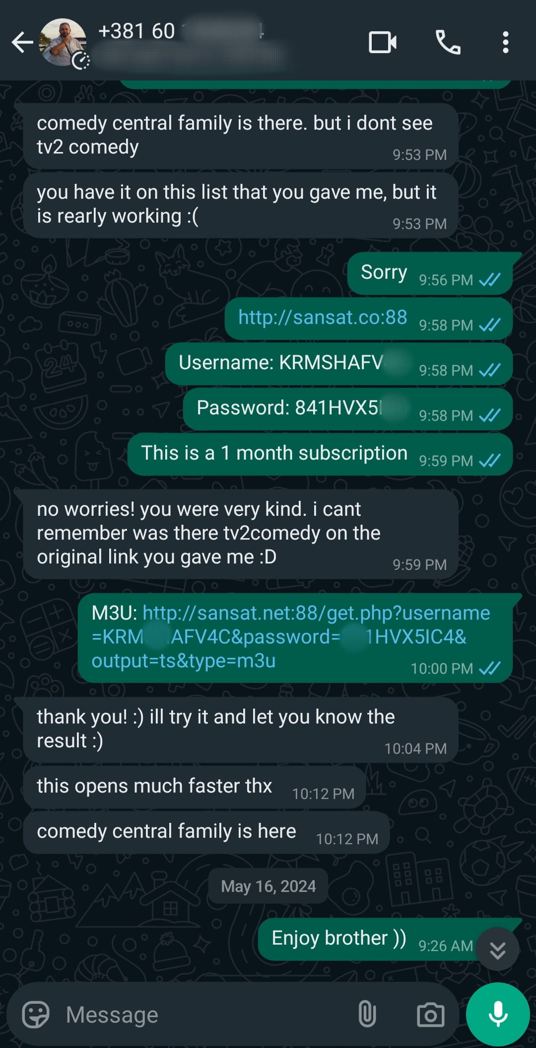 A WhatsApp chat shows a user requesting TV2 Comedy channel access via IPTV Mexico, receiving a new link, username, and password. They confirm it works and thank the sender, who replies, “Enjoy brother :)” on May 16, 2024.