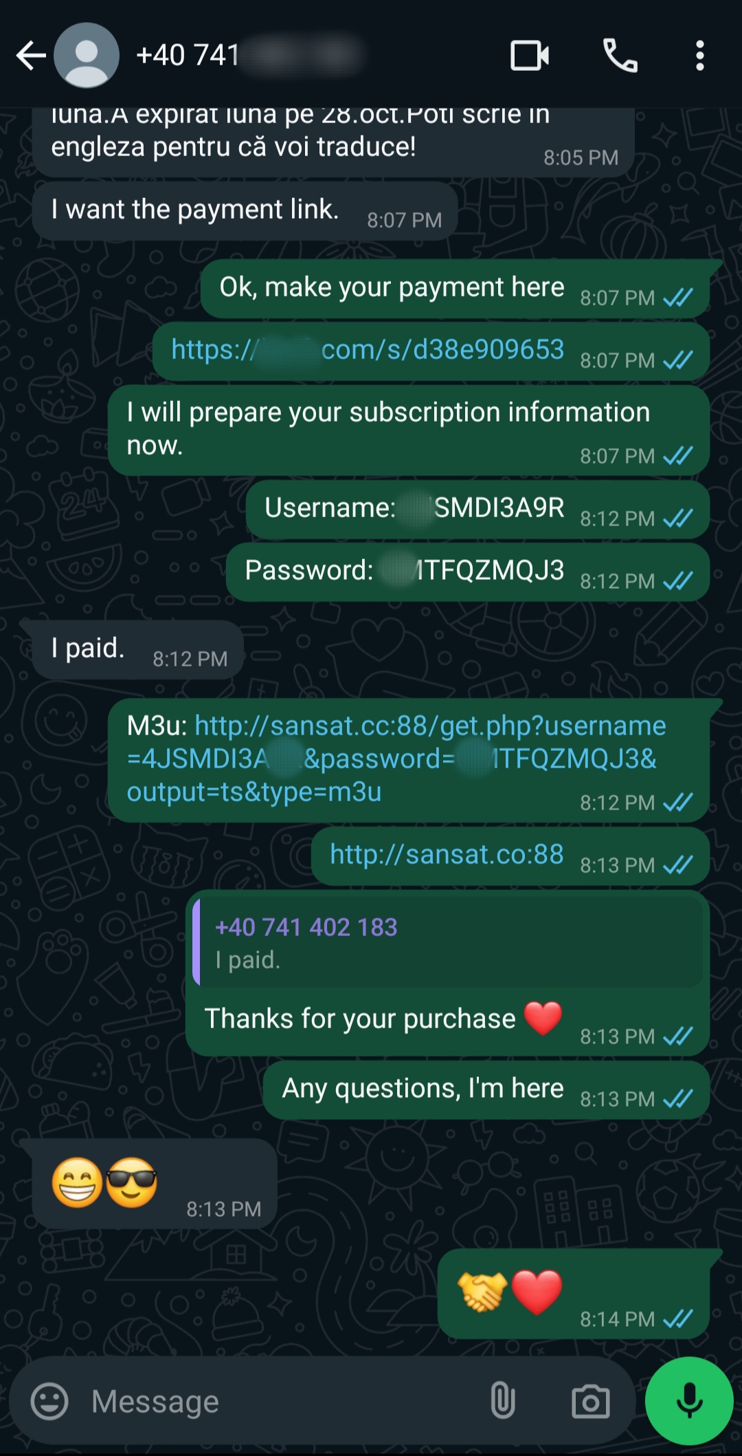 A WhatsApp chat shows a conversation about an IPTV Mexico subscription payment. The seller provides a link, username, and password after confirming payment, using emojis like heart, handshake, smiling face, and sunglasses in the messages.
